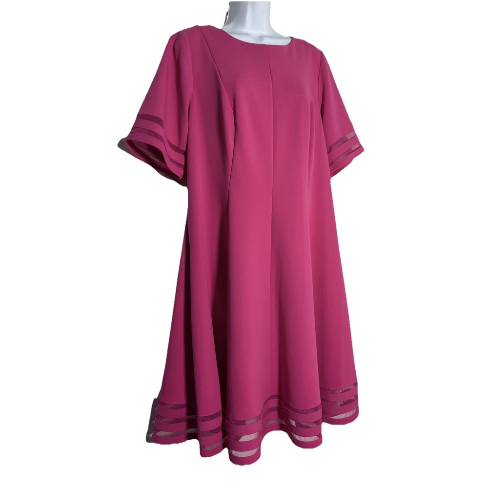 Jessica Howard Trapeze Dress Pink 14W Sheer Mesh Inserts Sleeves & Hem Vibrant